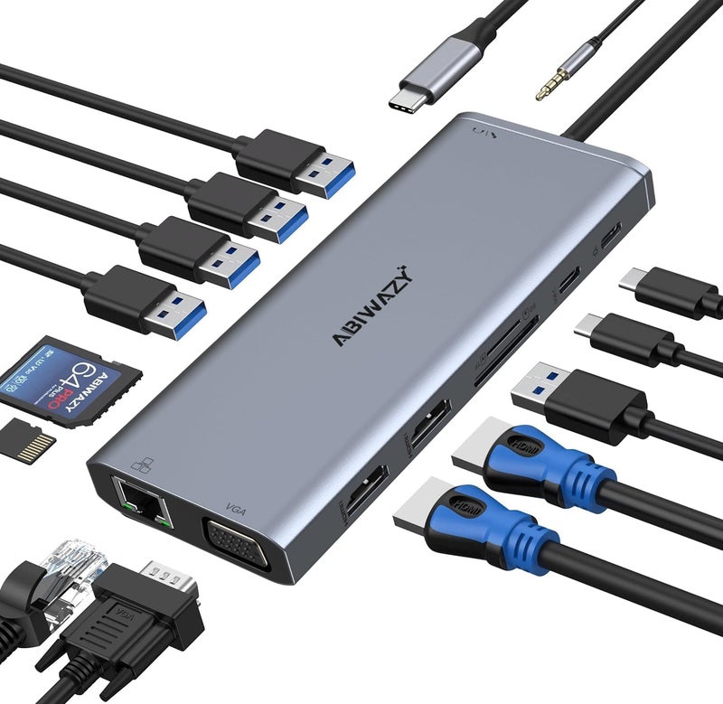 ABIWAZY USB C Docking Station Dual Monitor for Dell/HP/Lenovo/Surface Laptop, 14 in 1 Triple Display Hub Multiple Adapter, Dongle with 2 HDMI 4K+VGA+5 Port+100W PD Charger+Ethernet+SD/TF+Audio - Image 1